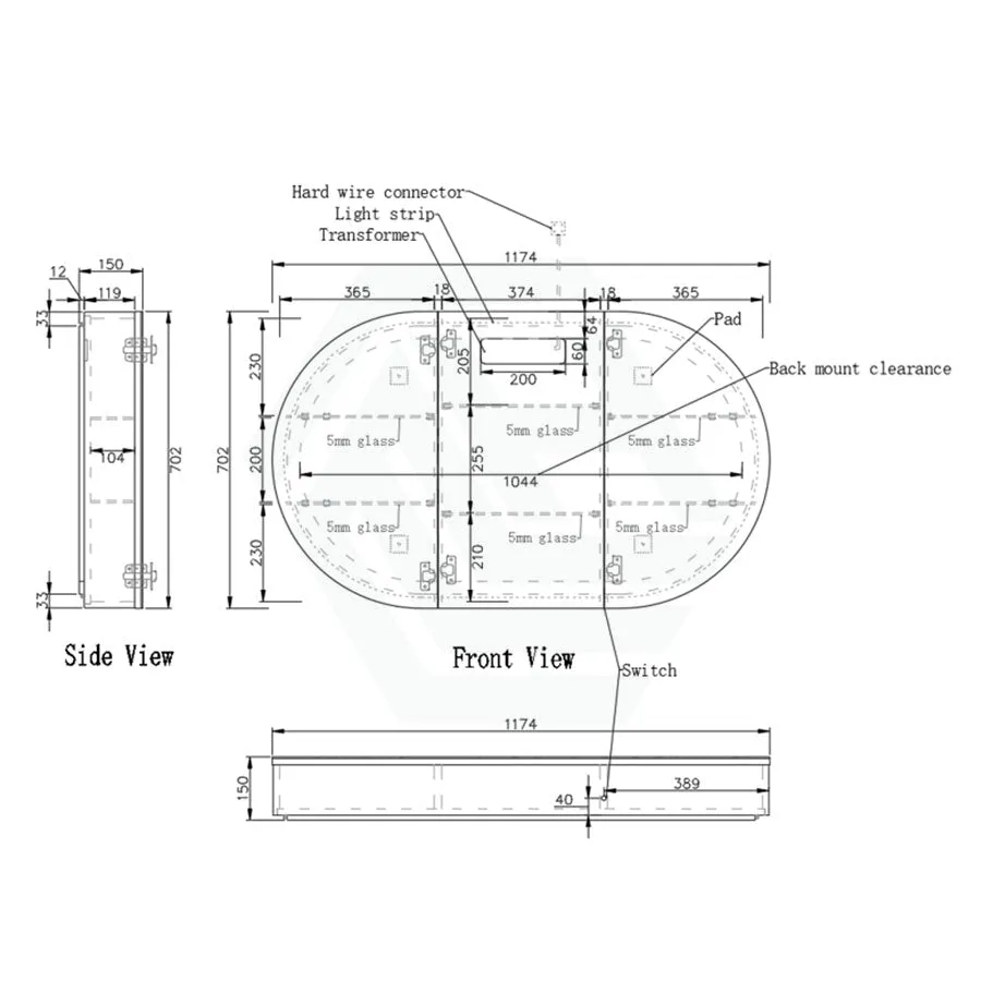 1200x700x150mm Oval LED Backlit Pencil Edge Mirror Cabinet Matt White