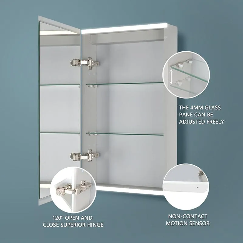 20 x 26 Inch Dimmable LED Bathroom Mirror Cabinet with 3-Tier Storage Shelves