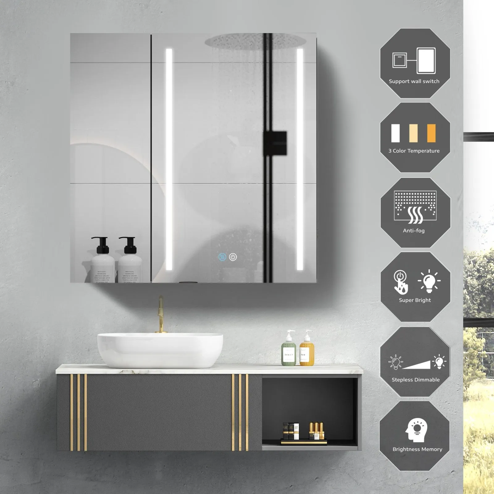 30 x 30 Inches LED Double Door Medicine Cabinet with Defogging Mirror and Dimmer in Black
