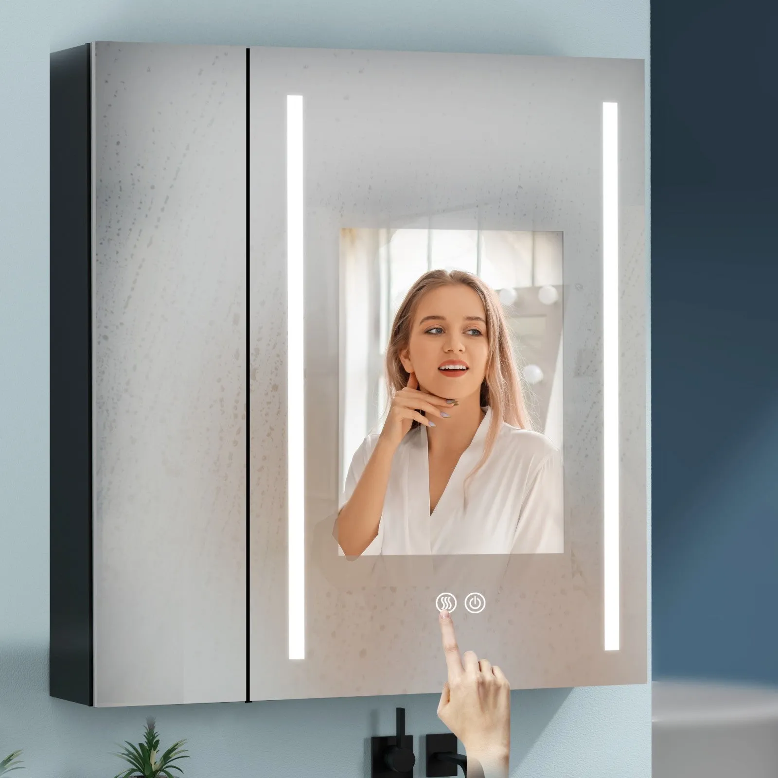 30 x 30 Inches LED Double Door Medicine Cabinet with Defogging Mirror and Dimmer in Black