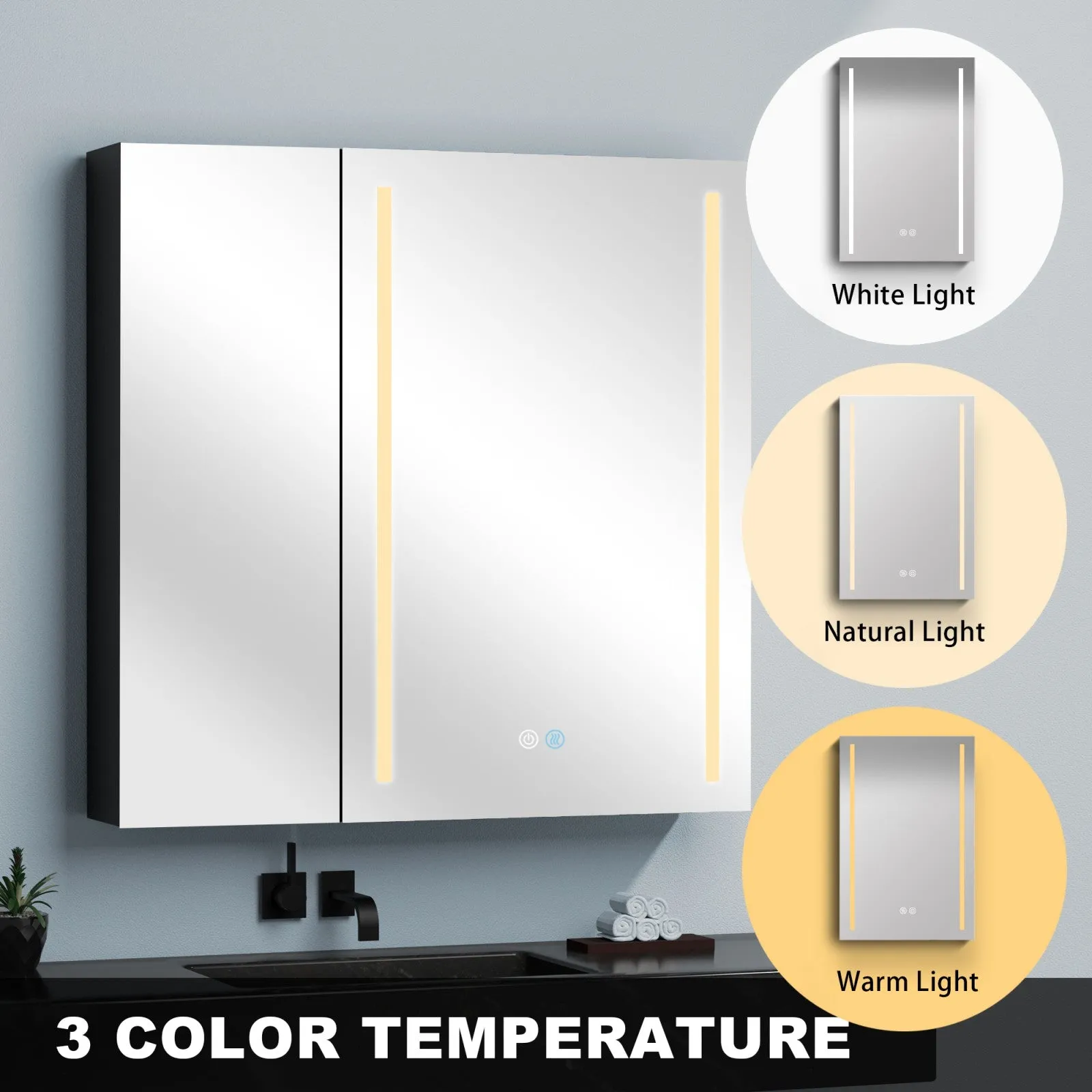 30 x 30 Inches LED Double Door Medicine Cabinet with Defogging Mirror and Dimmer in Black