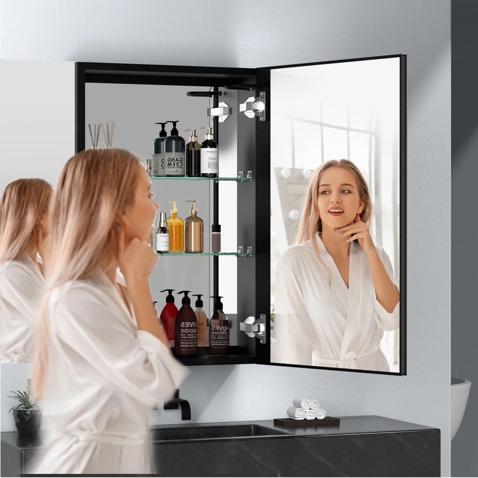 30 x 30 Inches LED Double Door Medicine Cabinet with Defogging Mirror and Dimmer in Black