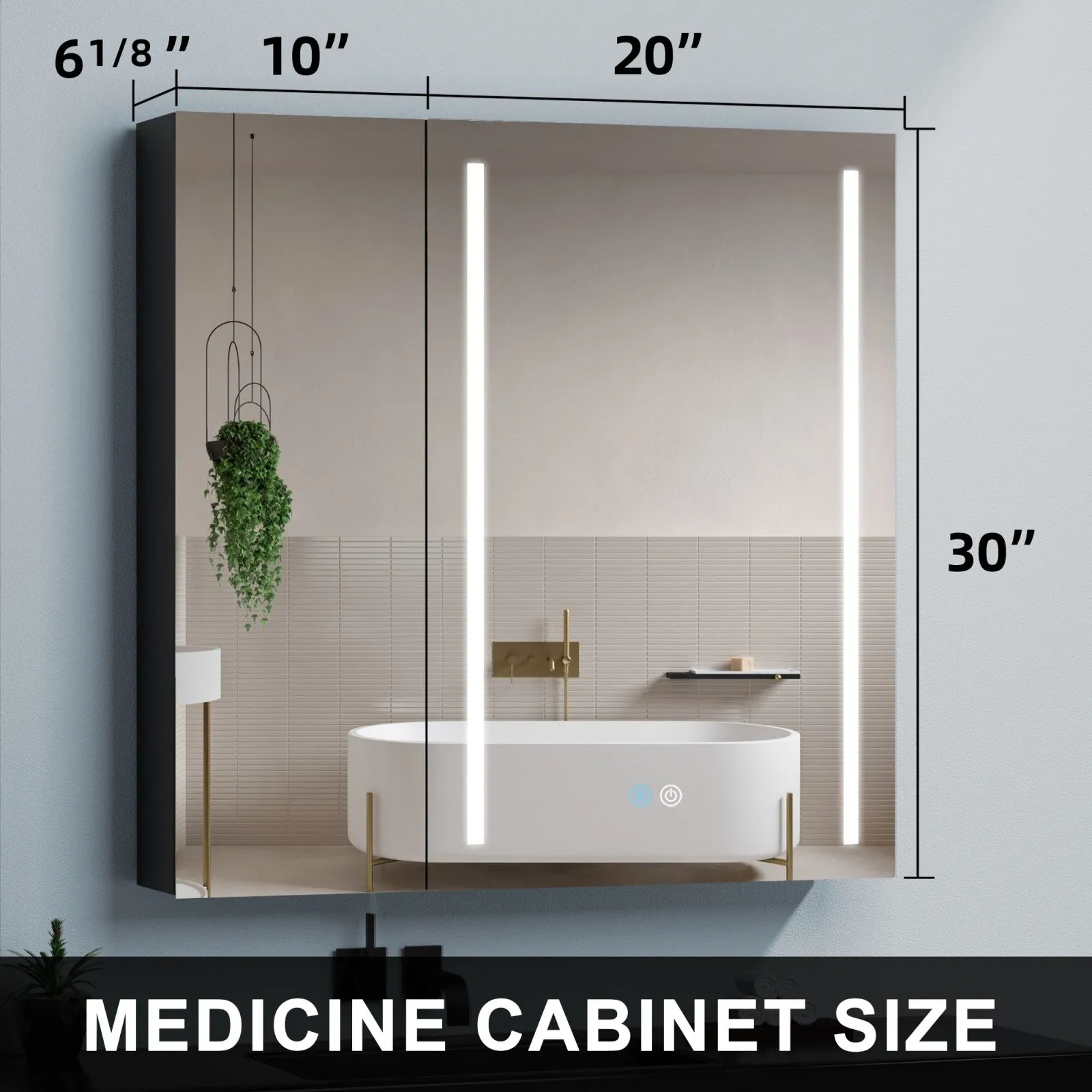 30 x 30 Inches LED Double Door Medicine Cabinet with Defogging Mirror and Dimmer in Black