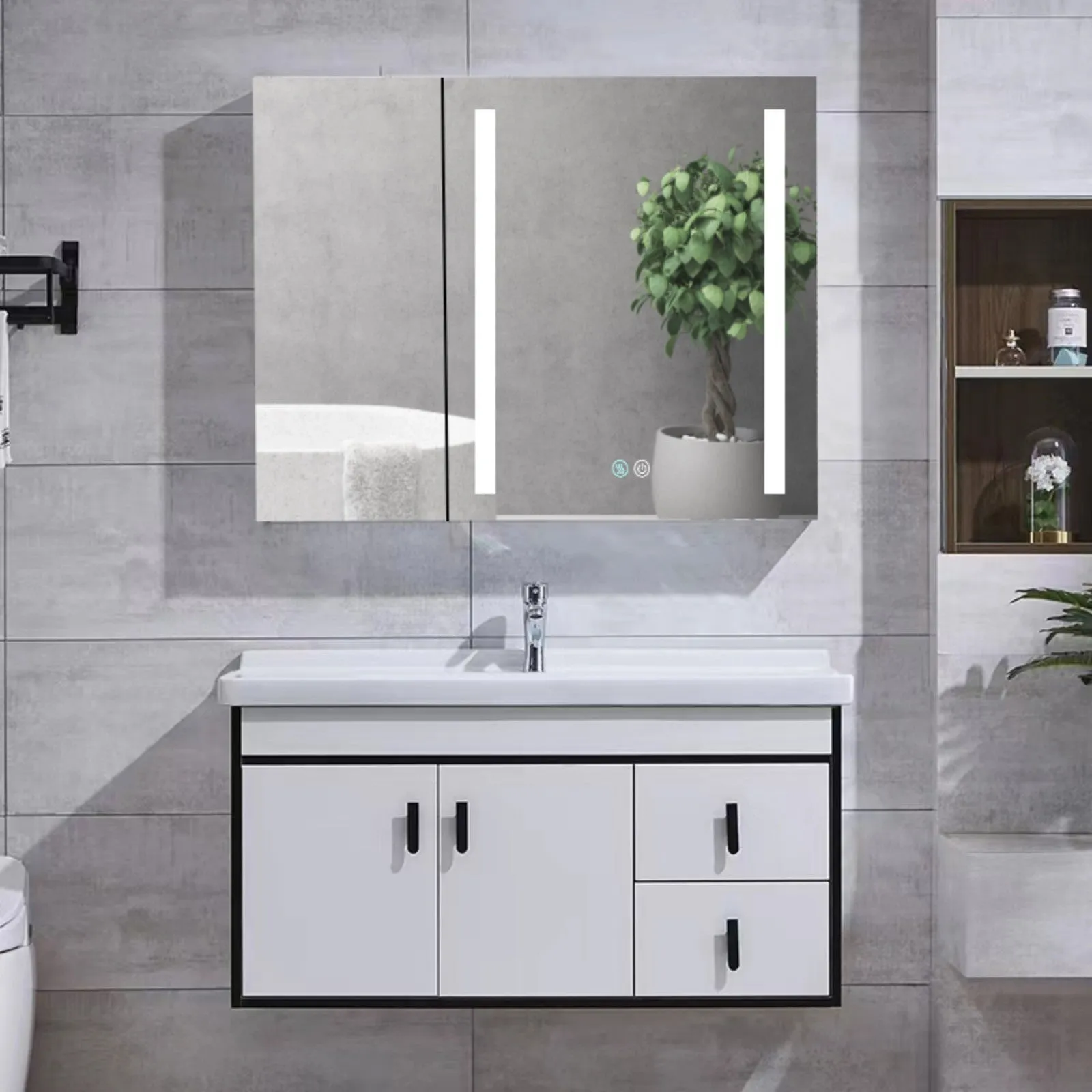 30 x 30 Inches LED Double Door Medicine Cabinet with Defogging Mirror and Dimmer in Black