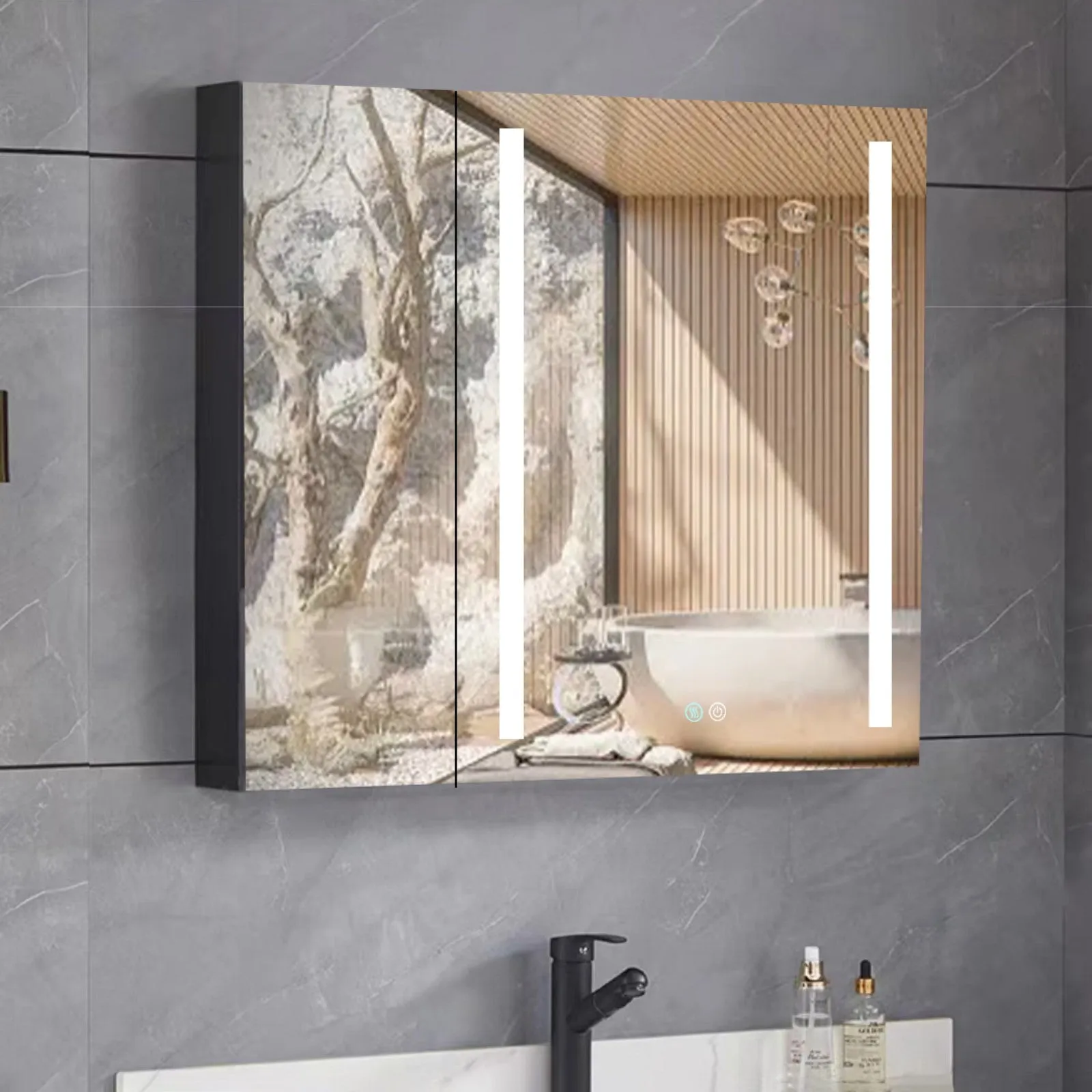 30 x 30 Inches LED Double Door Medicine Cabinet with Defogging Mirror and Dimmer in Black