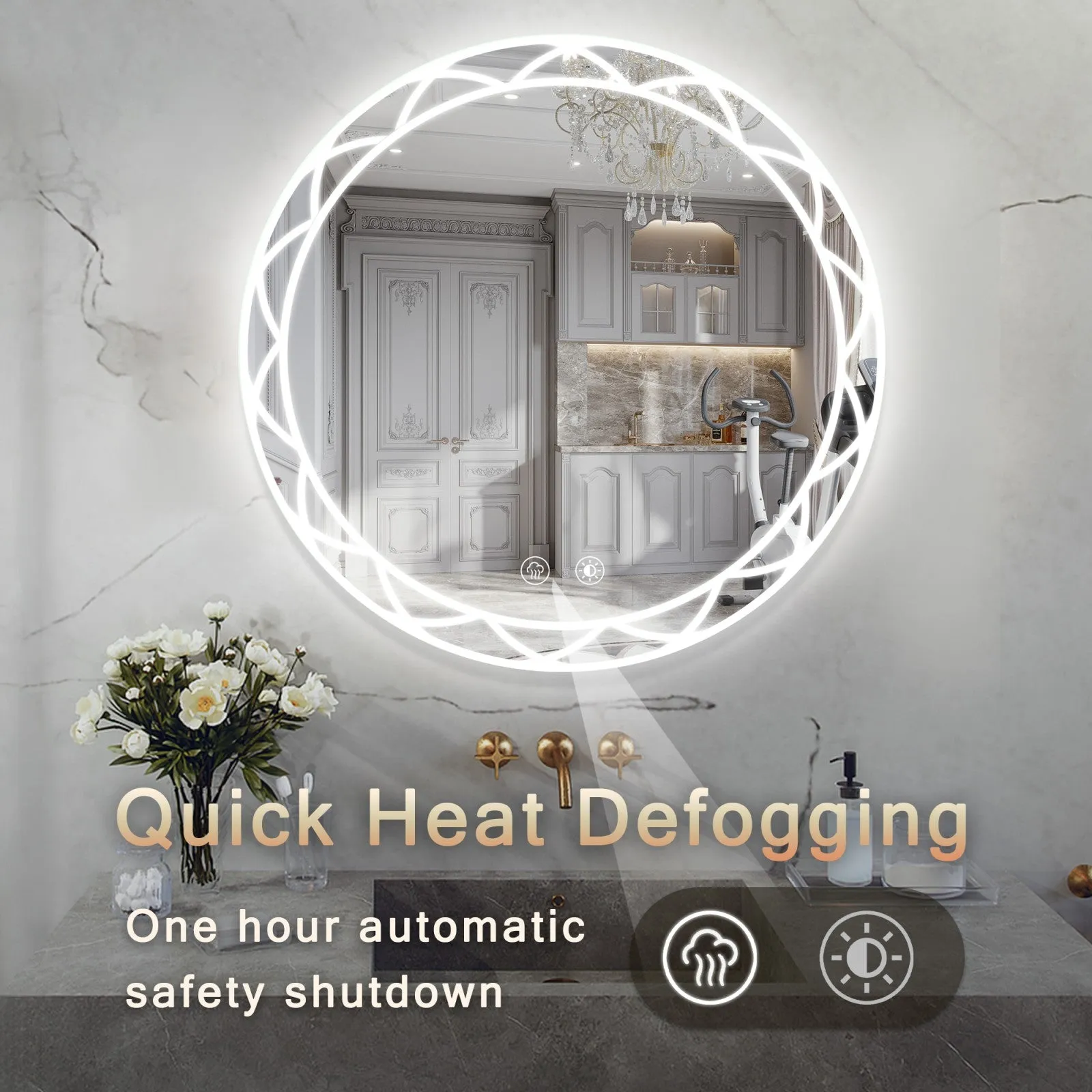 36" Round LED Bathroom Mirror with Adjustable Color Temperatures and Anti-Fog Functionality