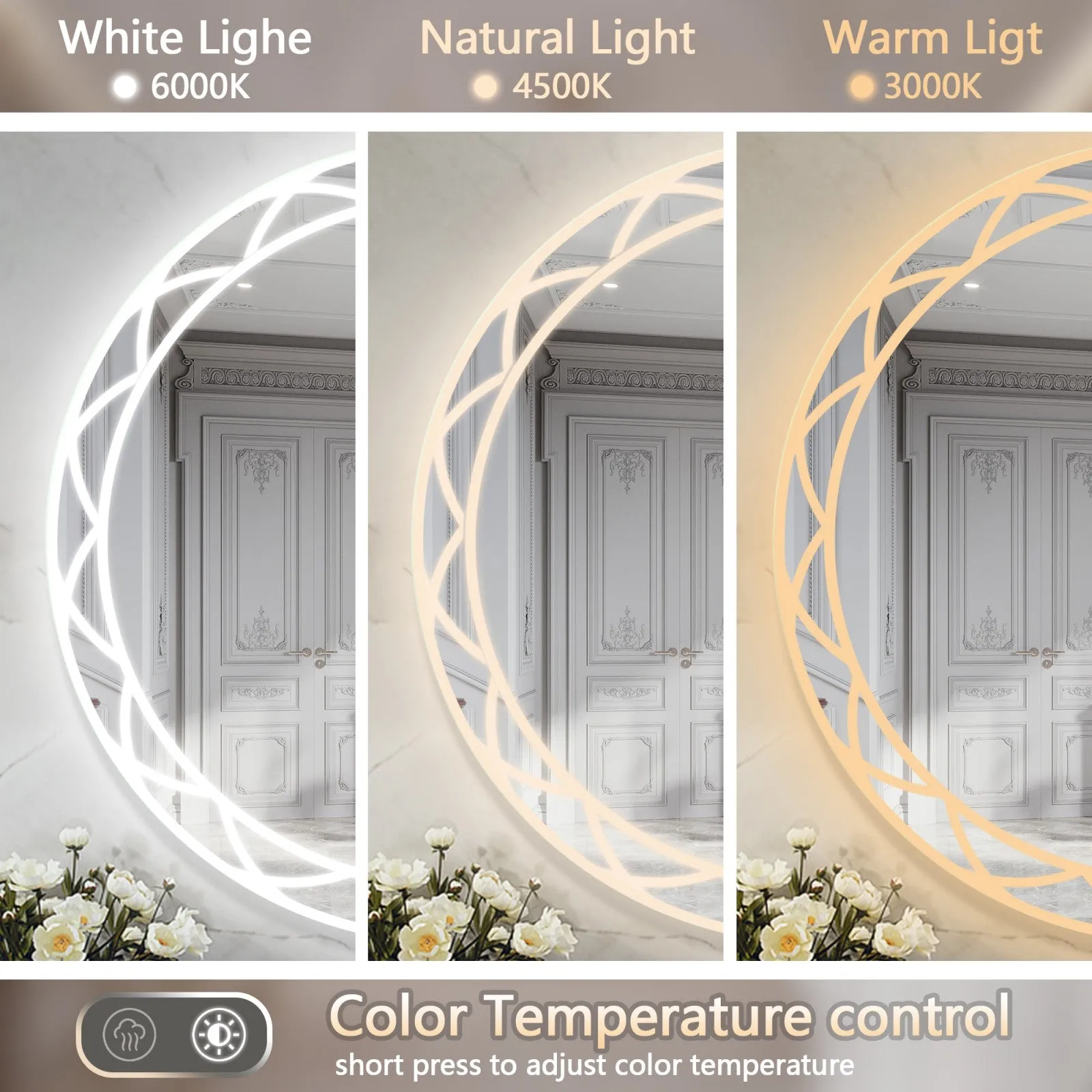 36" Round LED Bathroom Mirror with Adjustable Color Temperatures and Anti-Fog Functionality