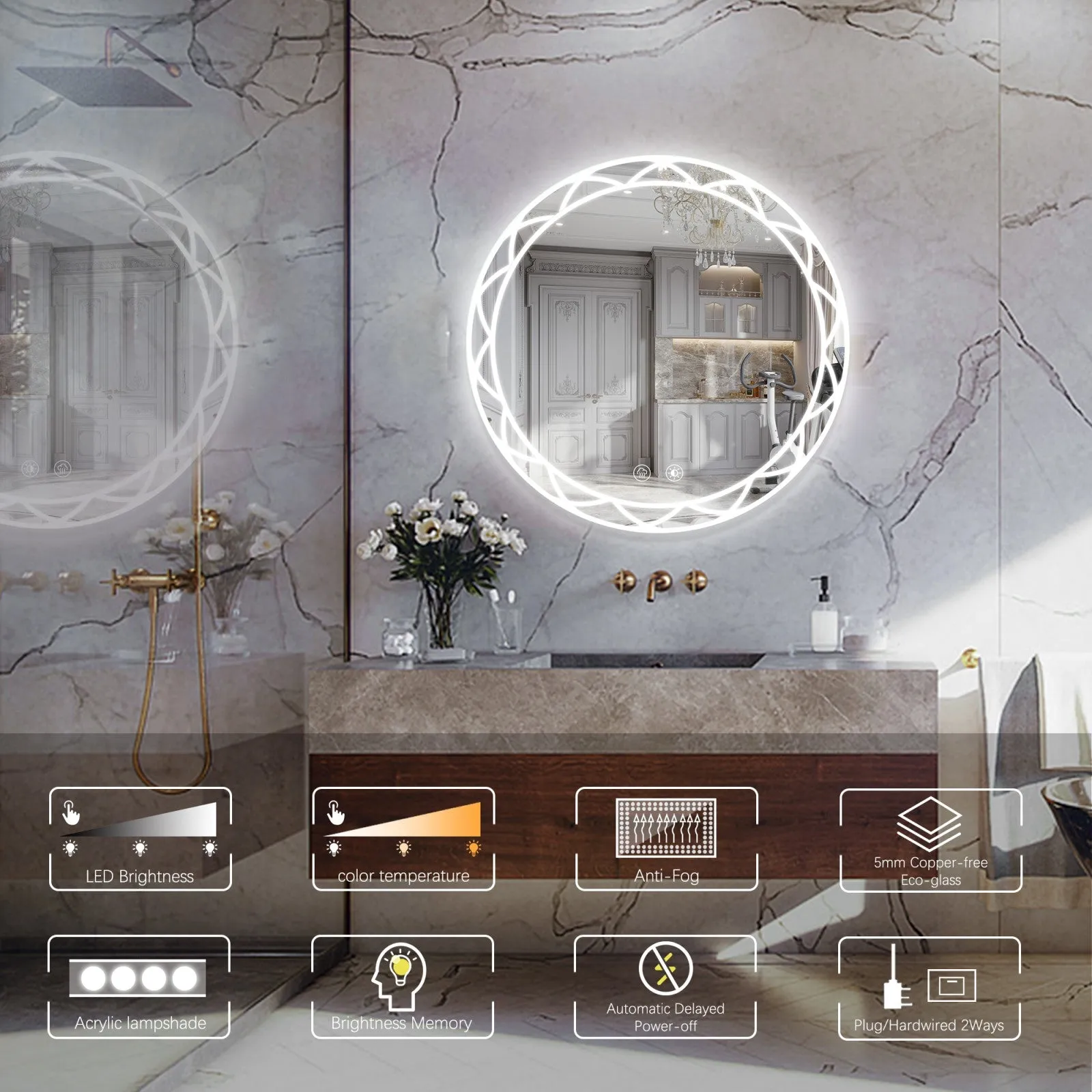 36" Round LED Bathroom Mirror with Adjustable Color Temperatures and Anti-Fog Functionality