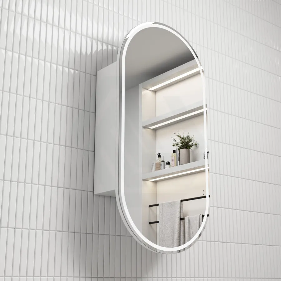 450x900mm Beau Monde LED Mirror Oval Shaving Cabinet Matt White Finish Frameless Touchless Sensor Frontlit