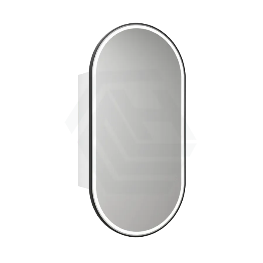 450x900mm Beau Monde LED Mirror Oval Shaving Cabinet Matt White Finish Matt Black Framed Touchless Sensor Frontlit