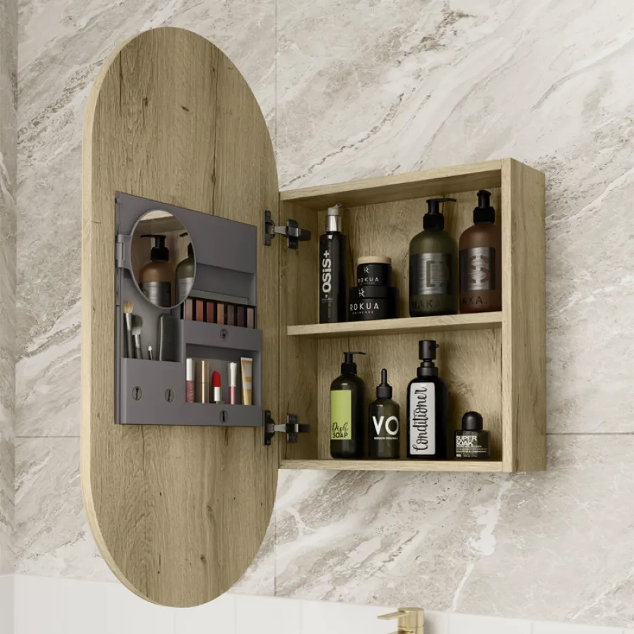 450x900mm Beau Monde Wall Hung Oval Pill-Shaped Shaving Mirror Cabinet Carita Finish for Bathroom