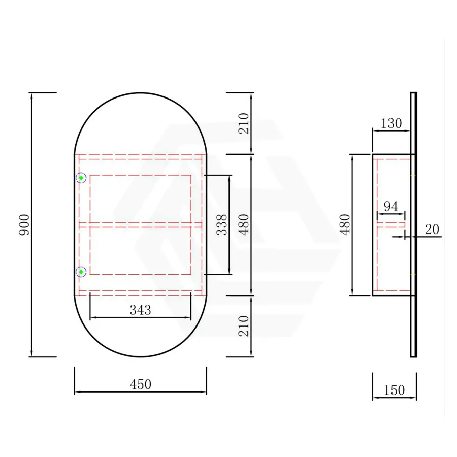 450x900mm Beau Monde Wall Hung Oval Pill-Shaped Shaving Mirror Cabinet Carita Finish for Bathroom