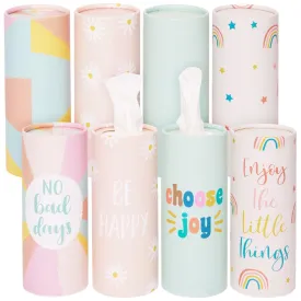 8 Pack Round Tissue Boxes for Car Cup Holder - Travel Size Refill Cylinder, 4 Motivational Quote Designs (50 Tissues Per Container)