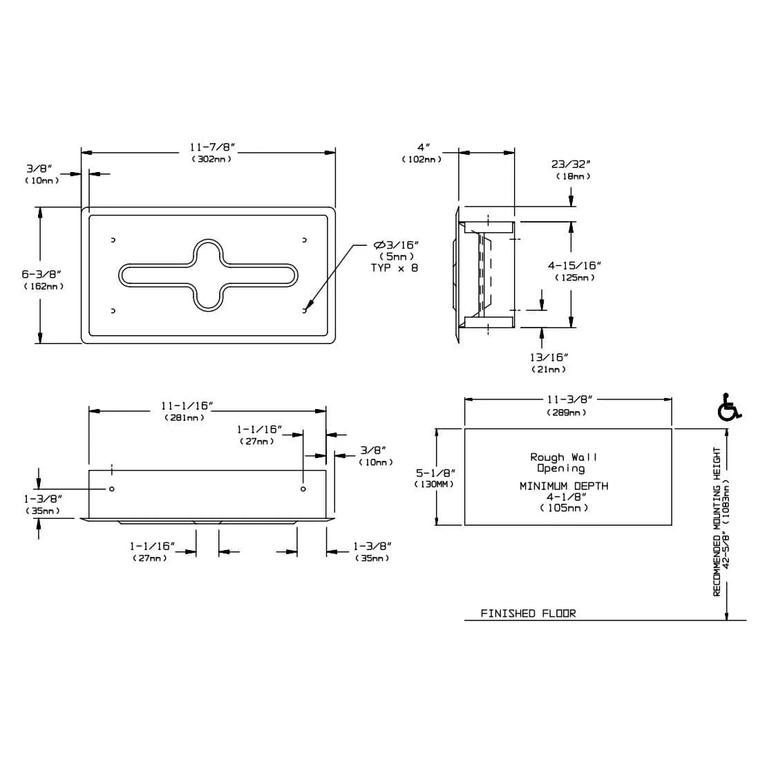 ASI 02594-SS Facial Tissue Dispenser, 11-11/16" L x 6-3/8" W, Recessed-Mounted, Stainless Steel