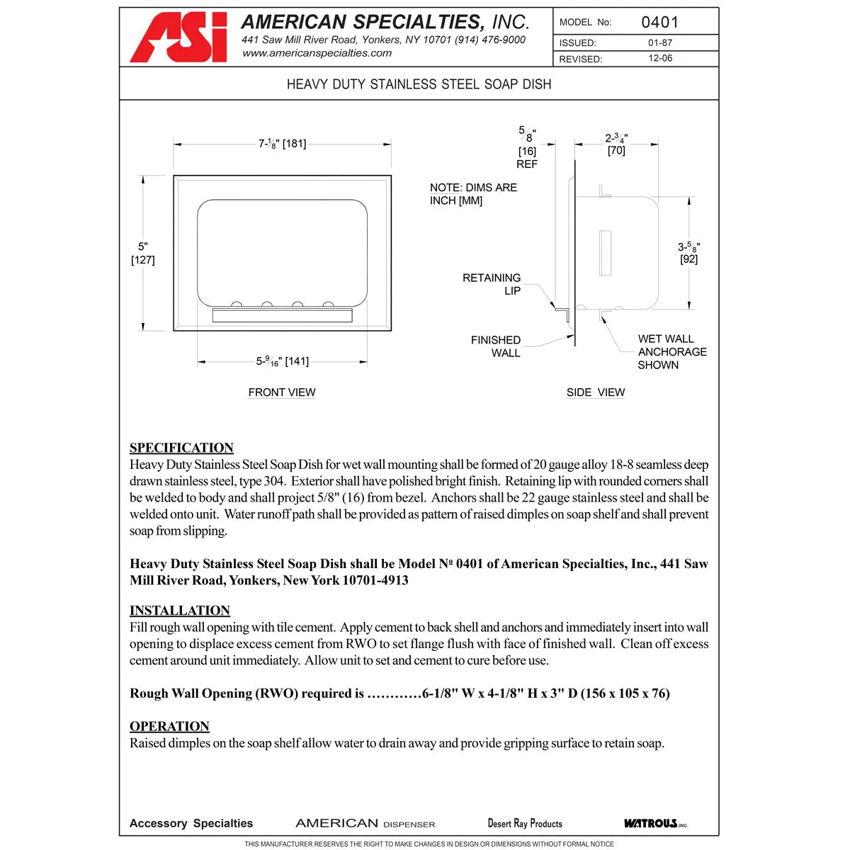 ASI 0401, Heavy-Duty Soap Dish, Recessed Surface-Mounted, Stainless Steel