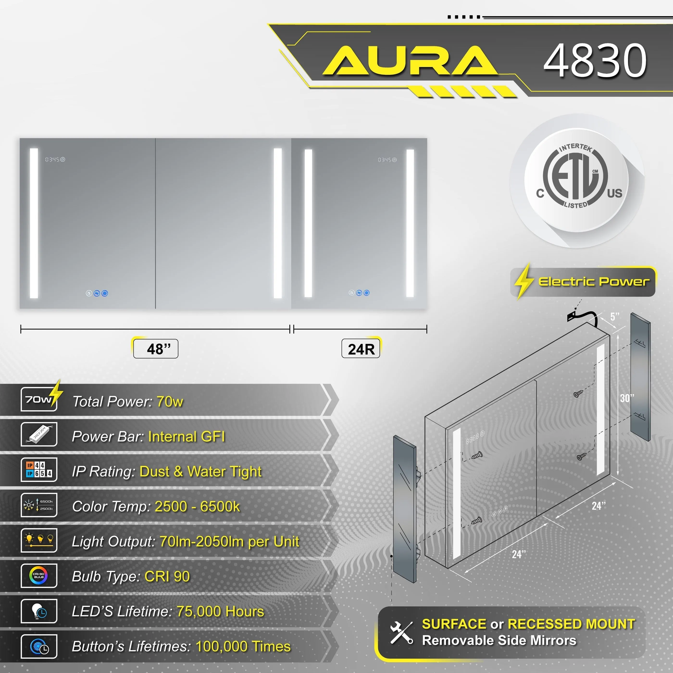 DECADOM LED Mirror Medicine Cabinet Recessed or Surface, Defogger, Dimmer, Clock, Room Temp Display, Makeup Mirror 3X, Outlets & USBs AURA 48x30