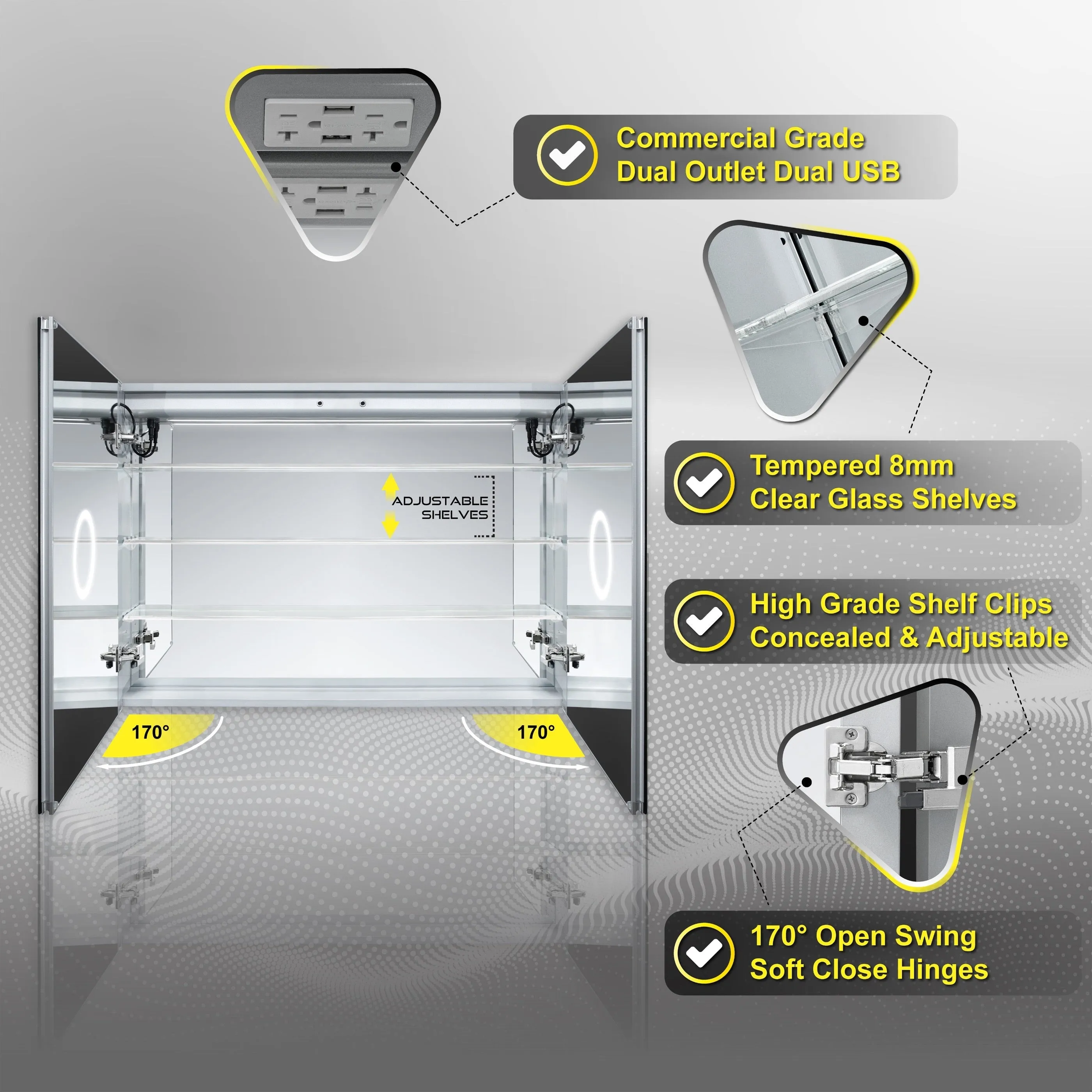 DECADOM LED Mirror Medicine Cabinet Recessed or Surface, Defogger, Dimmer, Clock, Room Temp Display, Makeup Mirror 3X, Outlets & USBs AURA 48x30