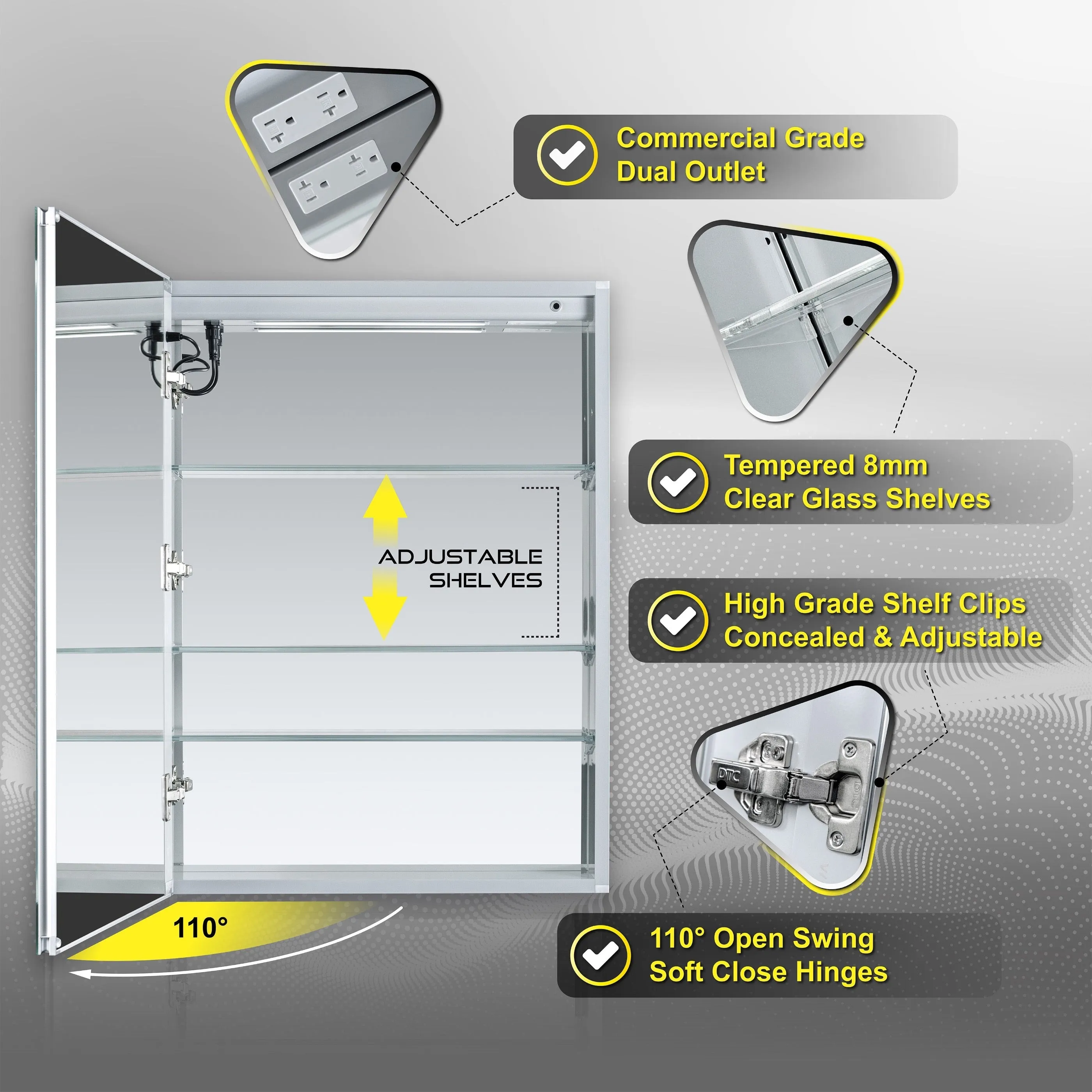DECADOM LED Mirror Medicine Cabinet Recessed or Surface, Dimmer, Clock, Room Temp Display, Dual Outlets Duna 24x32L