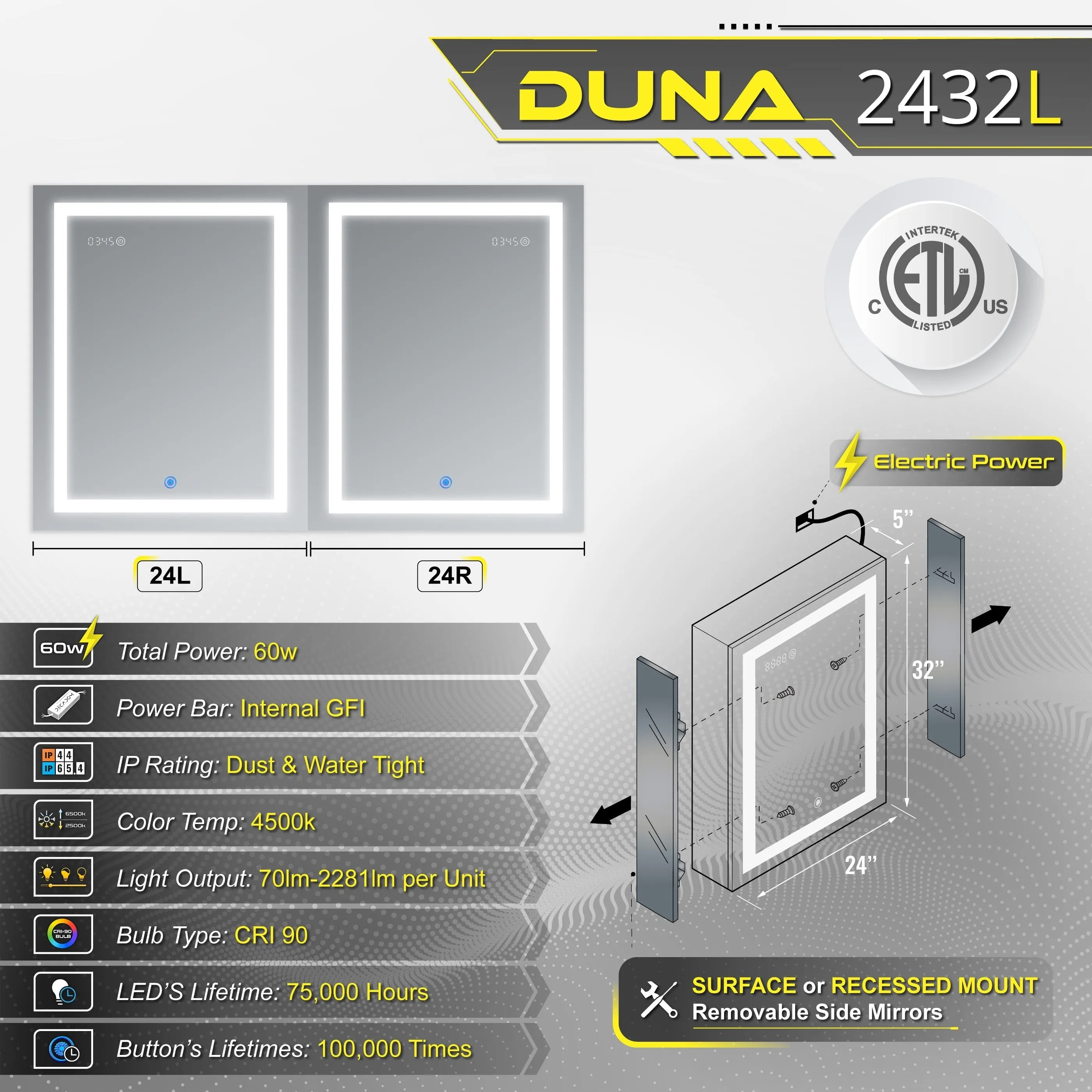 DECADOM LED Mirror Medicine Cabinet Recessed or Surface, Dimmer, Clock, Room Temp Display, Dual Outlets Duna 24x32L