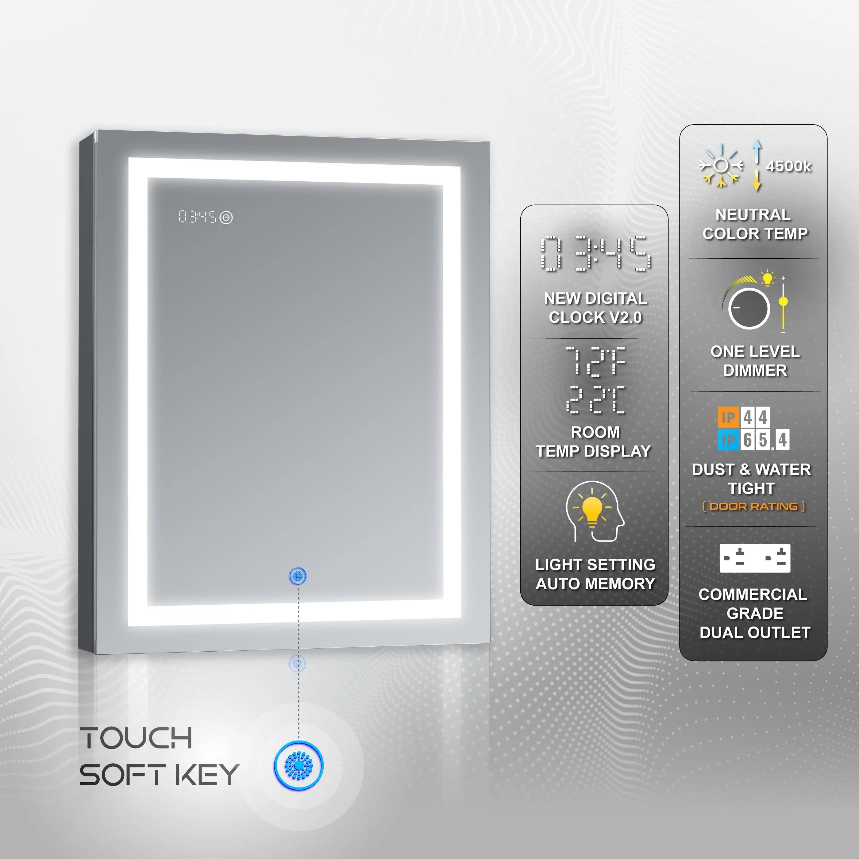 DECADOM LED Mirror Medicine Cabinet Recessed or Surface, Dimmer, Clock, Room Temp Display, Dual Outlets Duna 24x32L