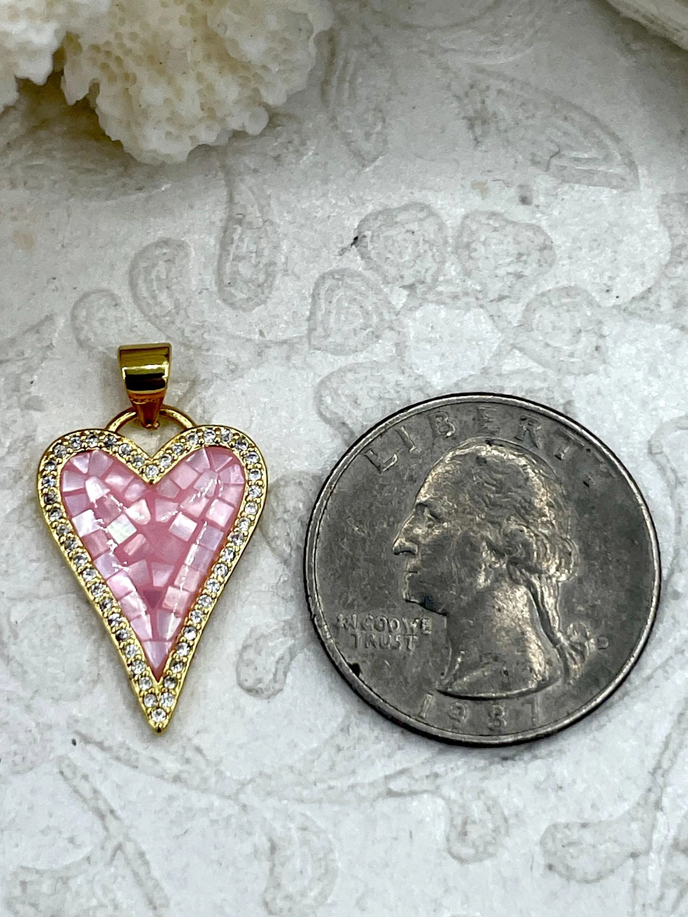 Heart Mother of Pearl and Gold Pendants with CZ, MOP and Gold Plated Brass, 2 Styles, 2 Colors Sparkly Pink and White Charms. Fast Ship.