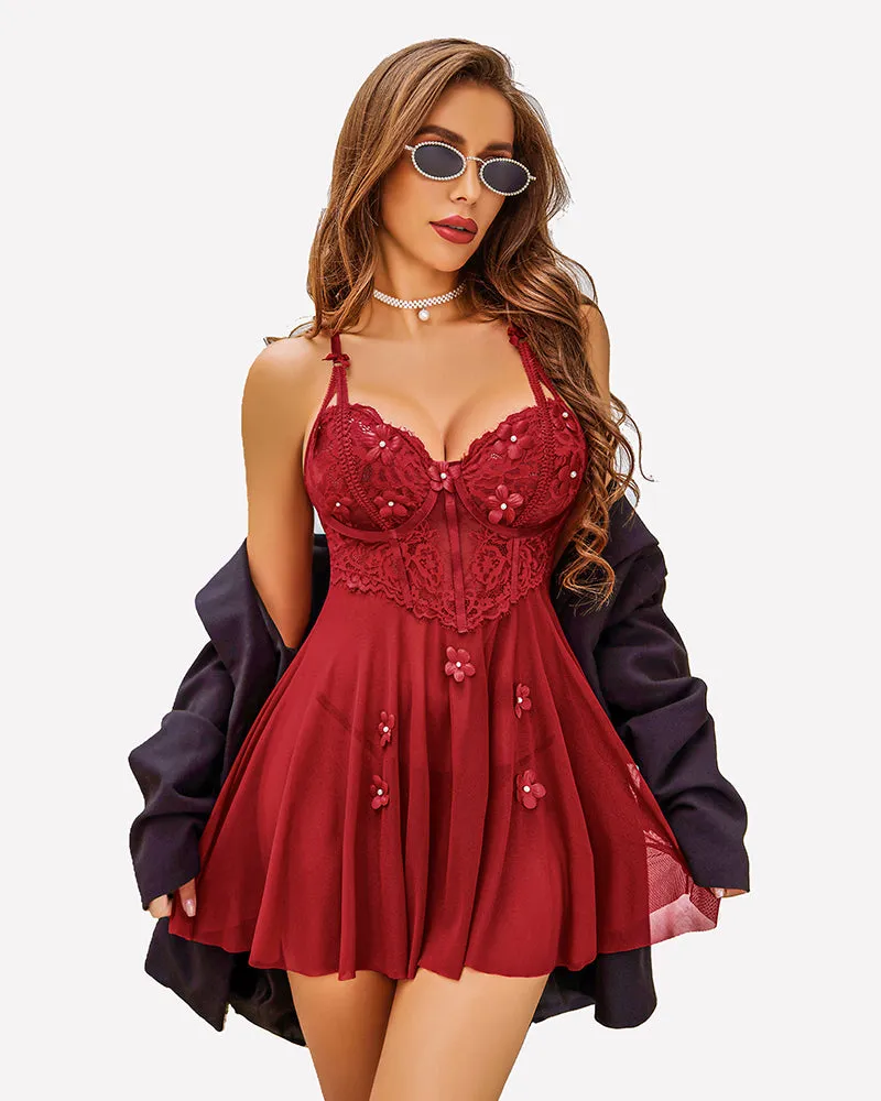 Push Up Lace Print Badydoll Boudoir Lingeries