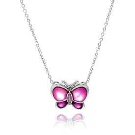 Silver 925 Clear CZ Rhodium Plated MOP Pink Butterfly Pendant Necklace