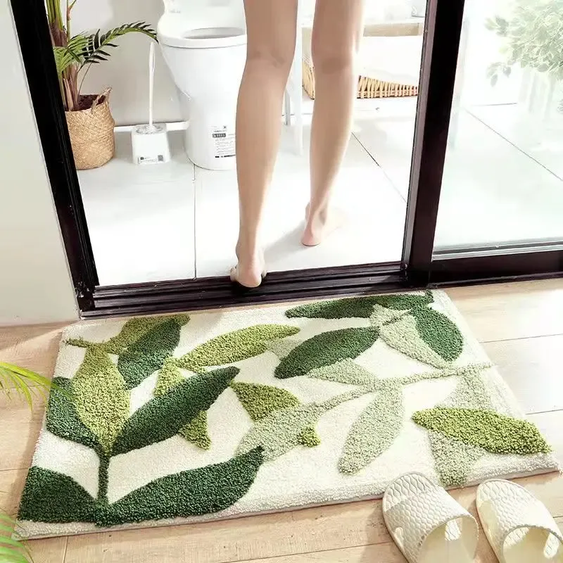 SINOTAO  -  Green Leaves Flocking Bath Mat Non-slip Absorbent Microfiber Bathroom Rug Home Entrance Door Mat Super Soft Bath Carpet Tapijt