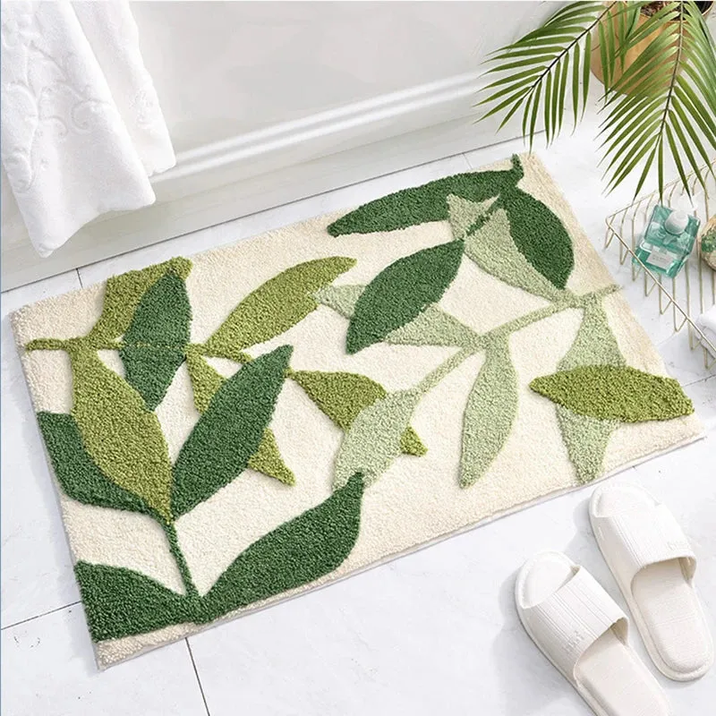 SINOTAO  -  Green Leaves Flocking Bath Mat Non-slip Absorbent Microfiber Bathroom Rug Home Entrance Door Mat Super Soft Bath Carpet Tapijt
