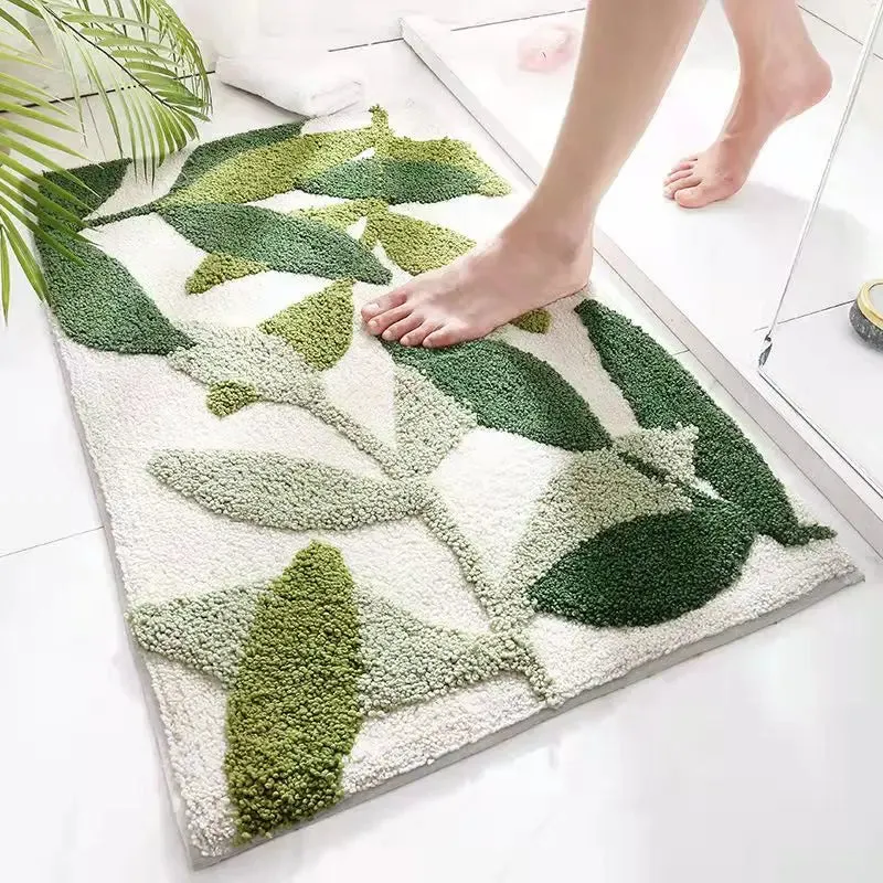 SINOTAO  -  Green Leaves Flocking Bath Mat Non-slip Absorbent Microfiber Bathroom Rug Home Entrance Door Mat Super Soft Bath Carpet Tapijt