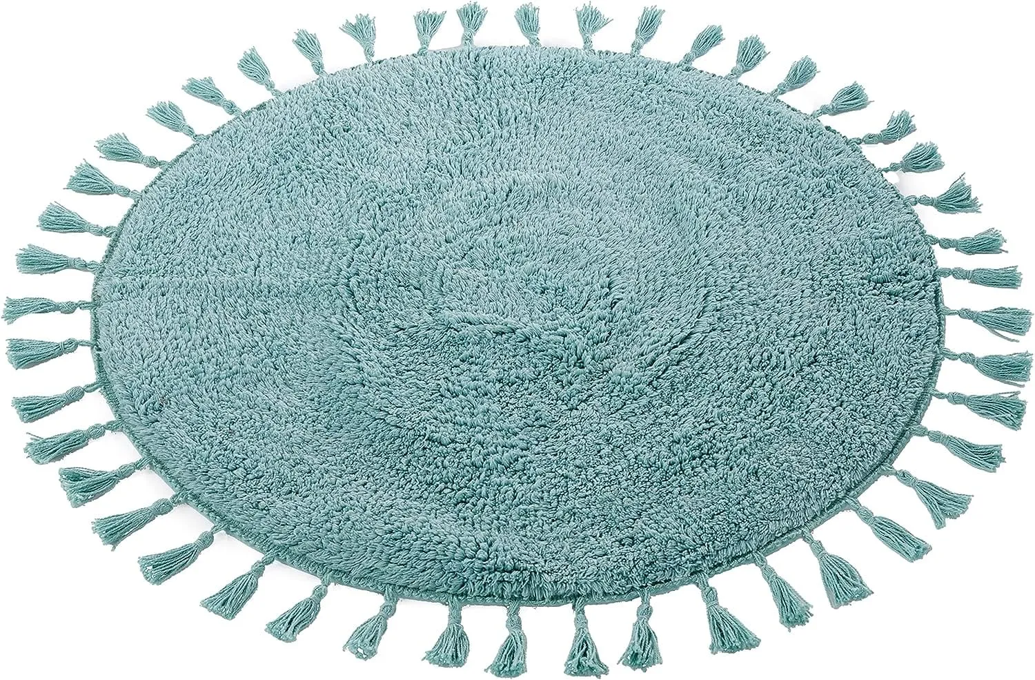 Super Soft Absorbent Non-Slip Round Tasselled Bath Mat 100% Cotton Bathroom Rug in Duck Egg Grey Natural and White by OLIVIA ROCCO