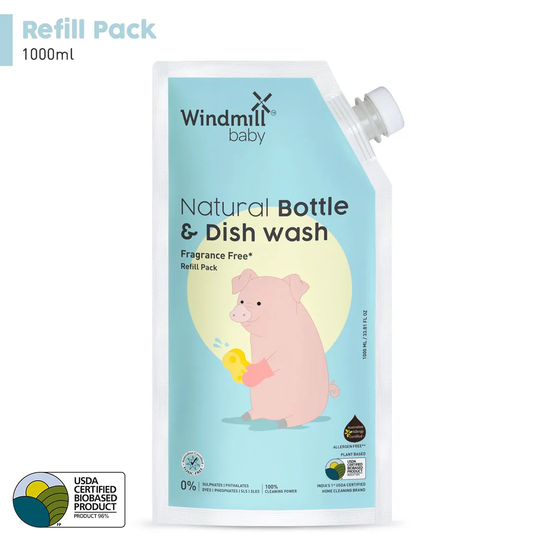 Windmill Baby Natural Bottle Cleaning Liquid, Refill Pack, USDA Certified, For Feeding Bottles, Pump Parts And More, Fragrance Free, Allergen Free - 1000ml