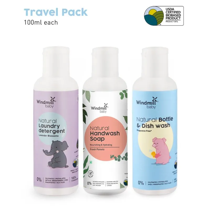 Windmill Baby Natural Cleaning Travel Pack (Bottle Wash 100ml   Lavender Blossoms Laundry Detergent 100ml   Fresh Pomelo Hand Wash 100ml) Combo Pack