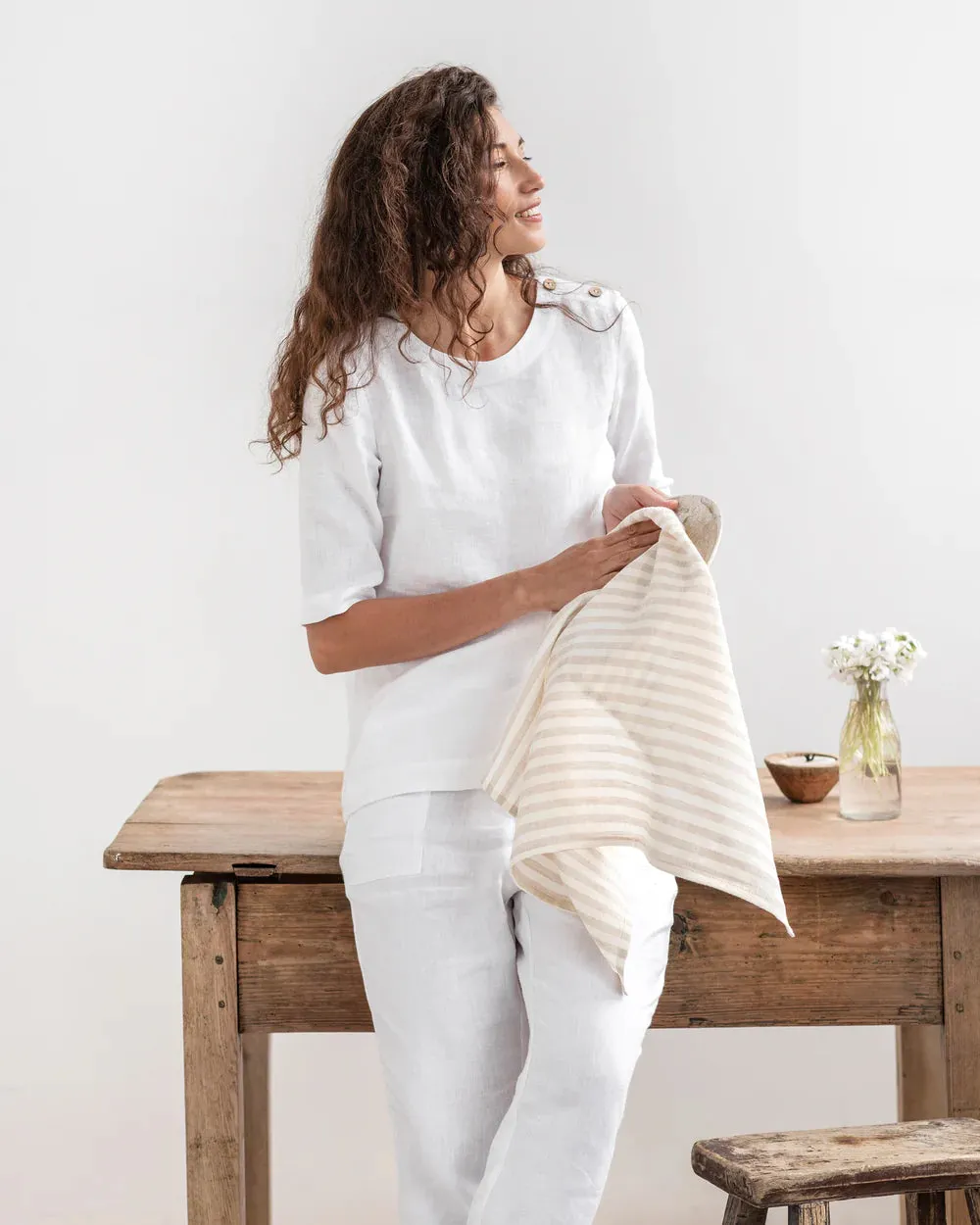 Zero-Waste Striped Linen Tea Towel - Oatmeal Stripe